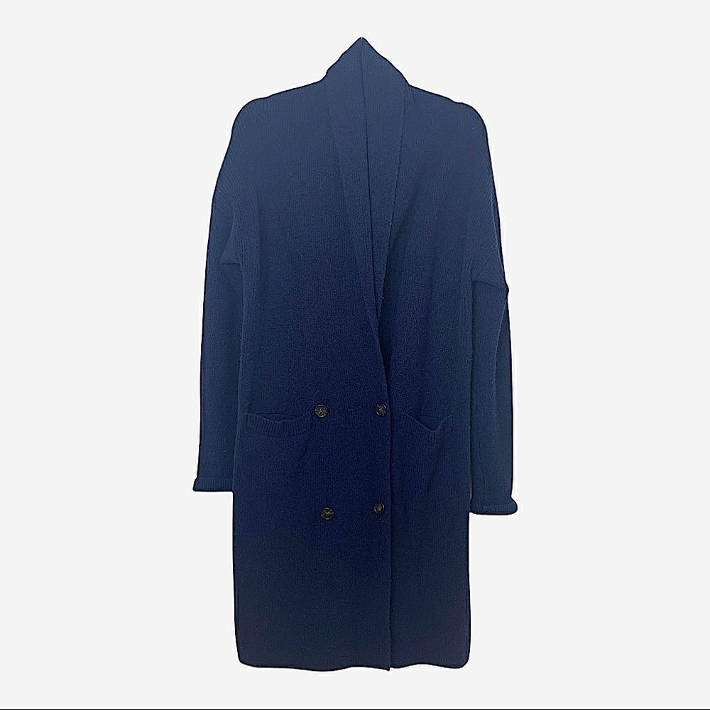J Crew Navy Blue Wool Alpaca Blend Long Double Breasted Sweater Coat